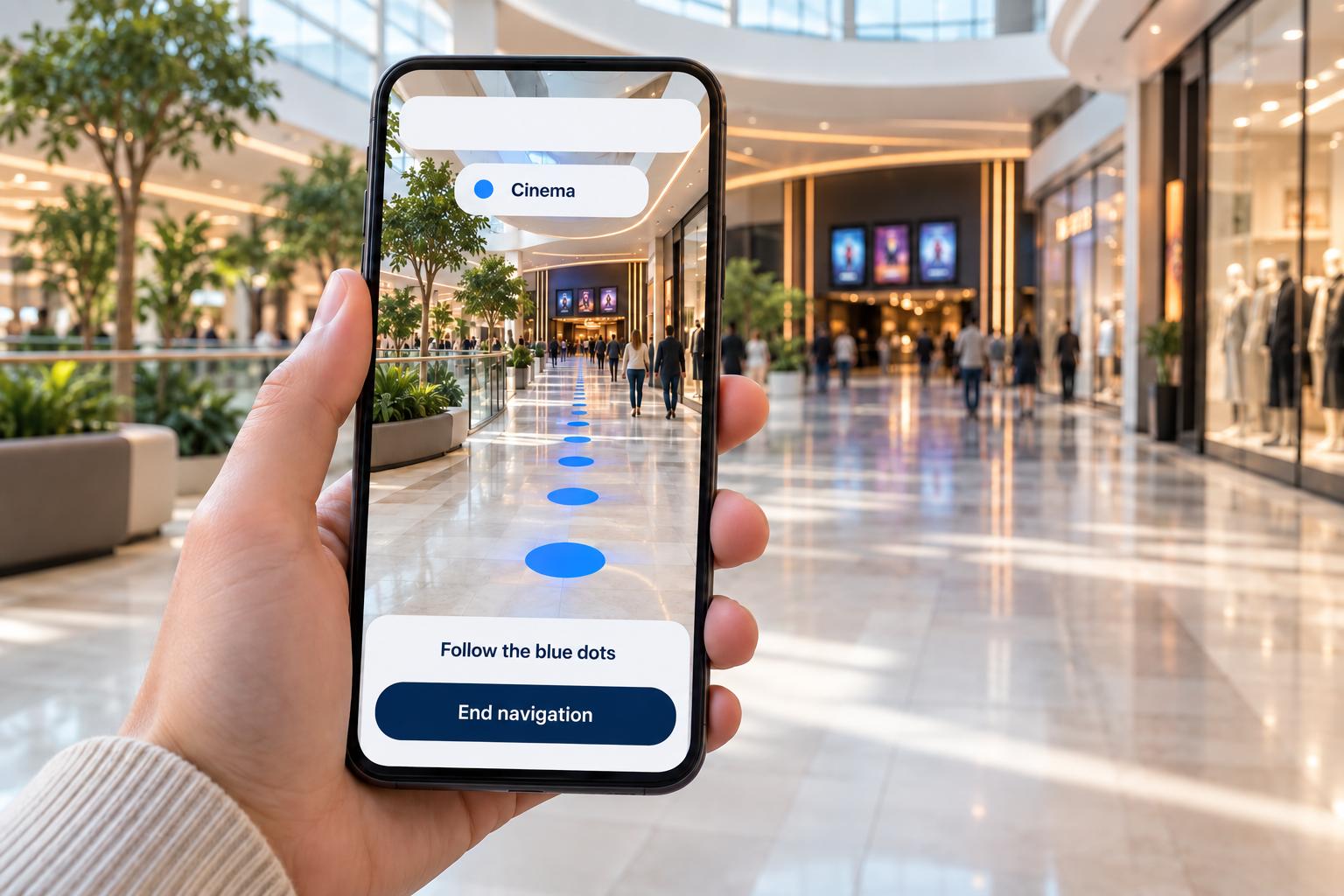 Illustrative phone view showing a blue-dot AR path over the mall camera view